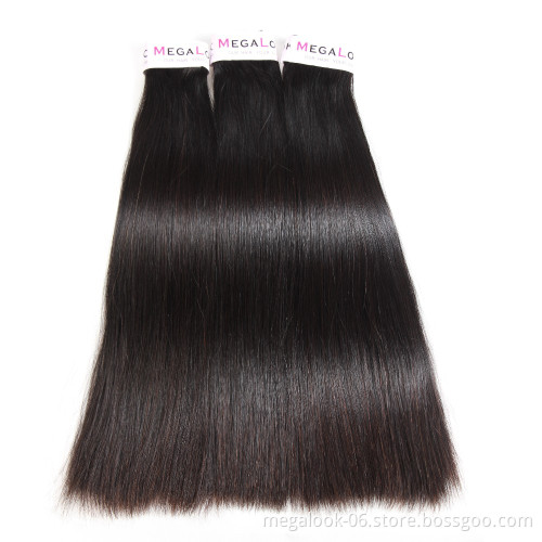 Super Double Drawn Hair Brazilian Raw Virgin Unprocessed Straight Human Hair Bundles with Closure 100% Hair Weave Megalook